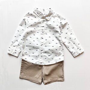 Mustache Print Shirt & Shorts, White/Khaki, 2T
